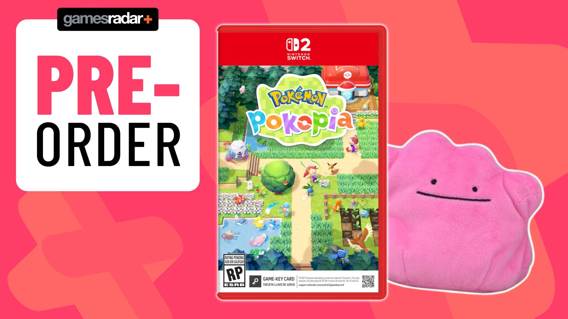 Image of the Pokemon Pokopia and a Pokemon Center plush on a pink GamesRadar+ background.