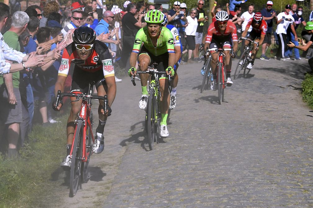 Sebastian Langeveld following a surging Greg Van Avermaet at Paris-Roubaix