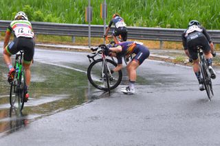 OVADA ITALY JULY 04 Elise Chabbey of Switzerland and Canyon SRAM Racing Team suffers a mechanical problem after crash during the 32nd Giro dItalia Internazionale Femminile 2021 Stage 3 a 135km stage from Casale Monferrato to Ovada GiroDonne UCIWWT on July 04 2021 in Ovada Italy Photo by Luc ClaessenGetty Images