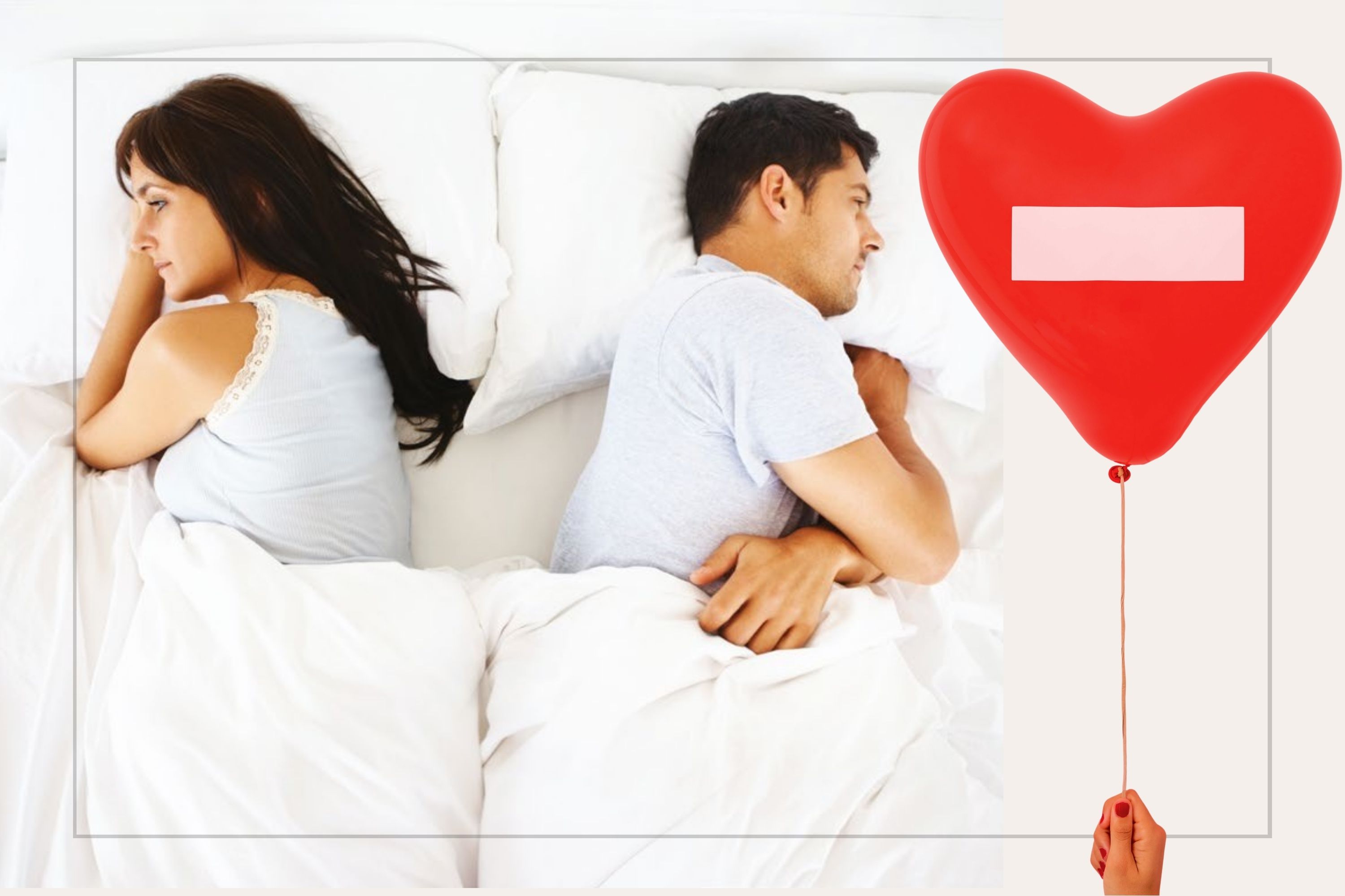 A composite image of a couple facing away from each other in bed, with a love heart balloon with a bandage on to the right 