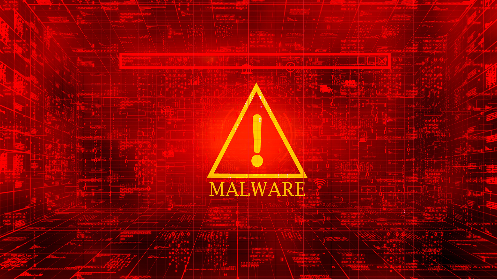 Malware vector image showing alert symbol with exclamation mark and 'malware' written underneath imposed over a digital interface.