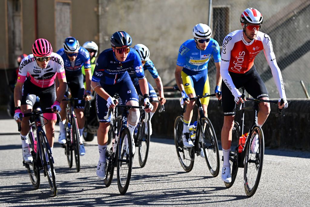 BESSEGES FRANCE FEBRUARY 03 LR Kenny Molly of Belgium and Team Go Sport Roubaix Lille Metropole Enzo Paleni of France and Team GroupamaFDJ Vito Braet of Belgium and Team Flanders Baloise Blue Mountain Jersey and Thomas Champion of France and Team Cofidis compete in the breakaway during the 53rd Etoile de Besseges Tour Du Gard 2023 Stage 3 a 16971km stage from Bessges to Bessges EDB2021 on February 03 2023 in Besseges France Photo by Luc ClaessenGetty Images