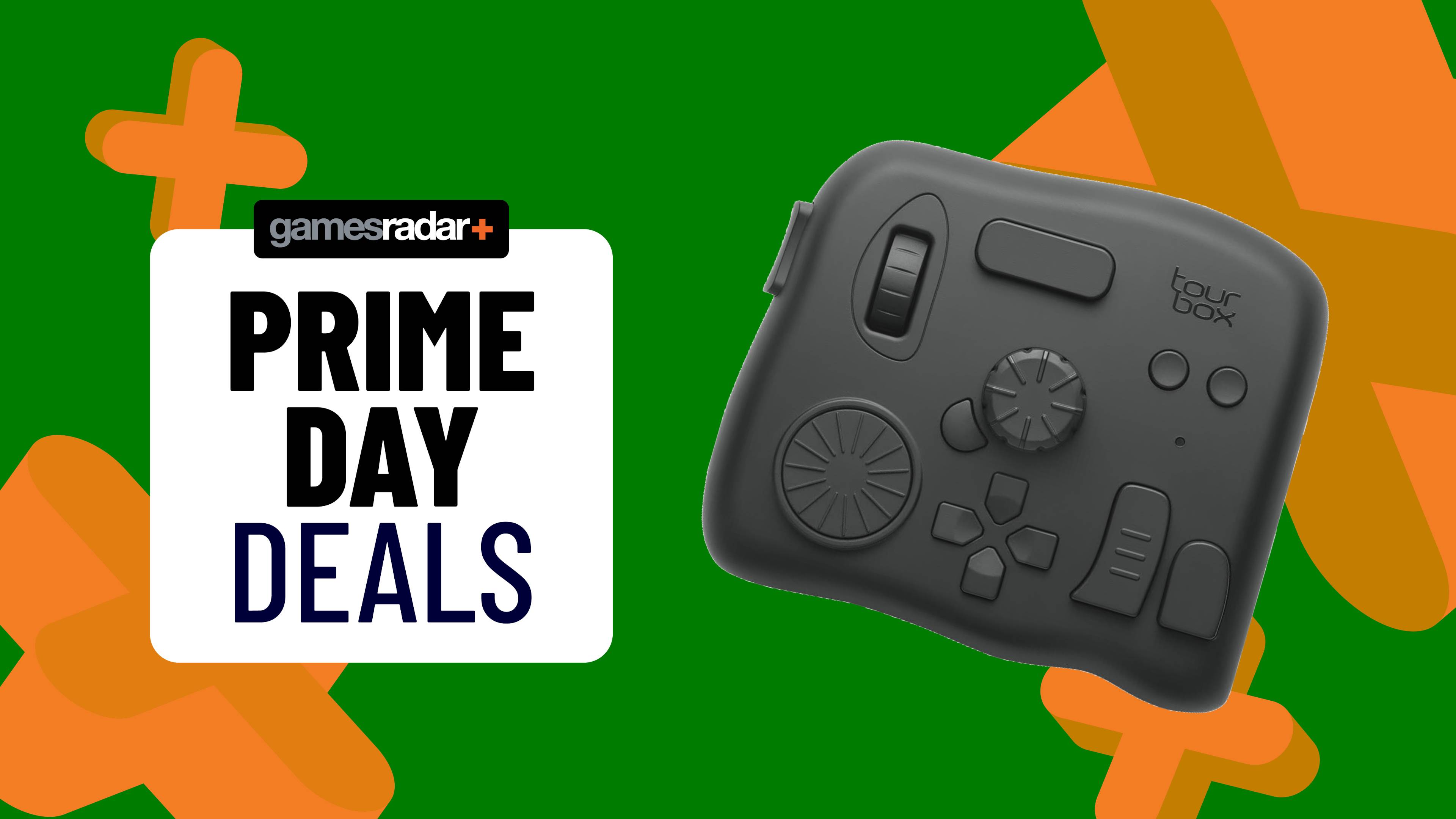 A TourBox Elite console next to a sign saying 'Prime Day deals'.