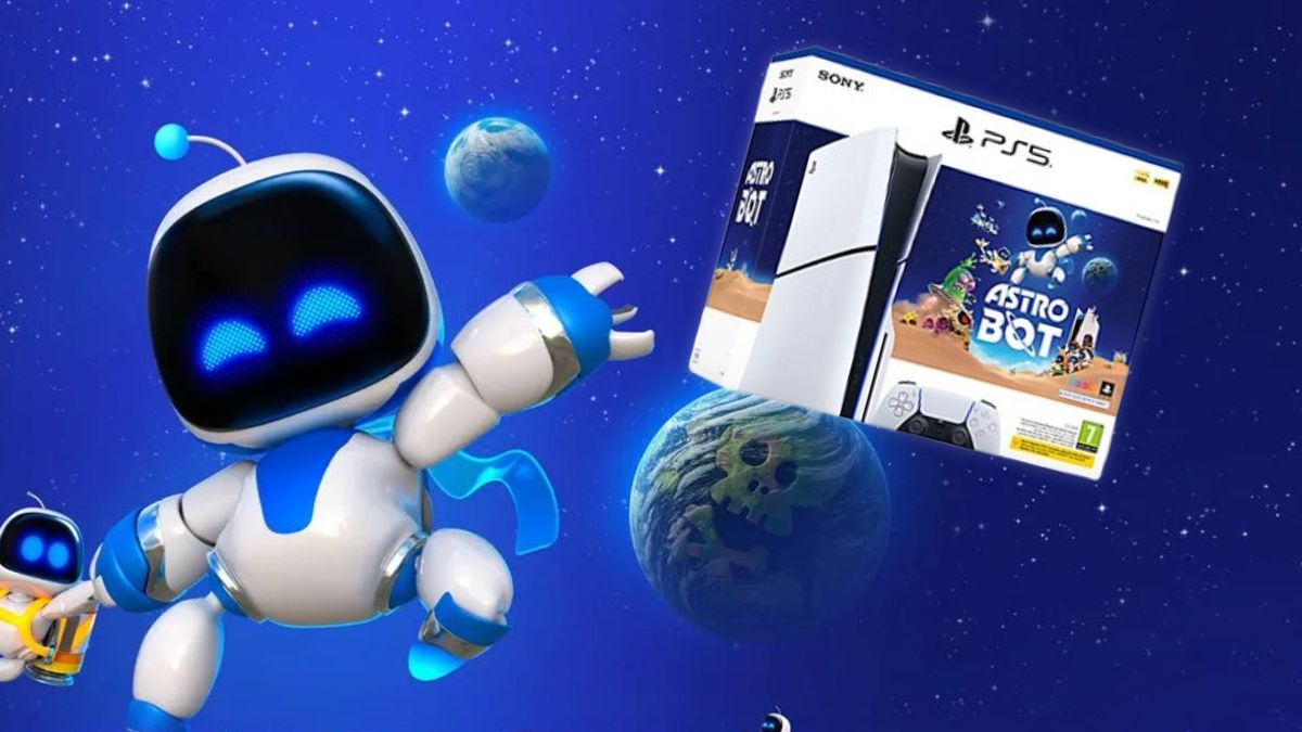 Product image of the disc edition PS5 Slim Astro Bot bundle on top of key art from the Astro Bot game.