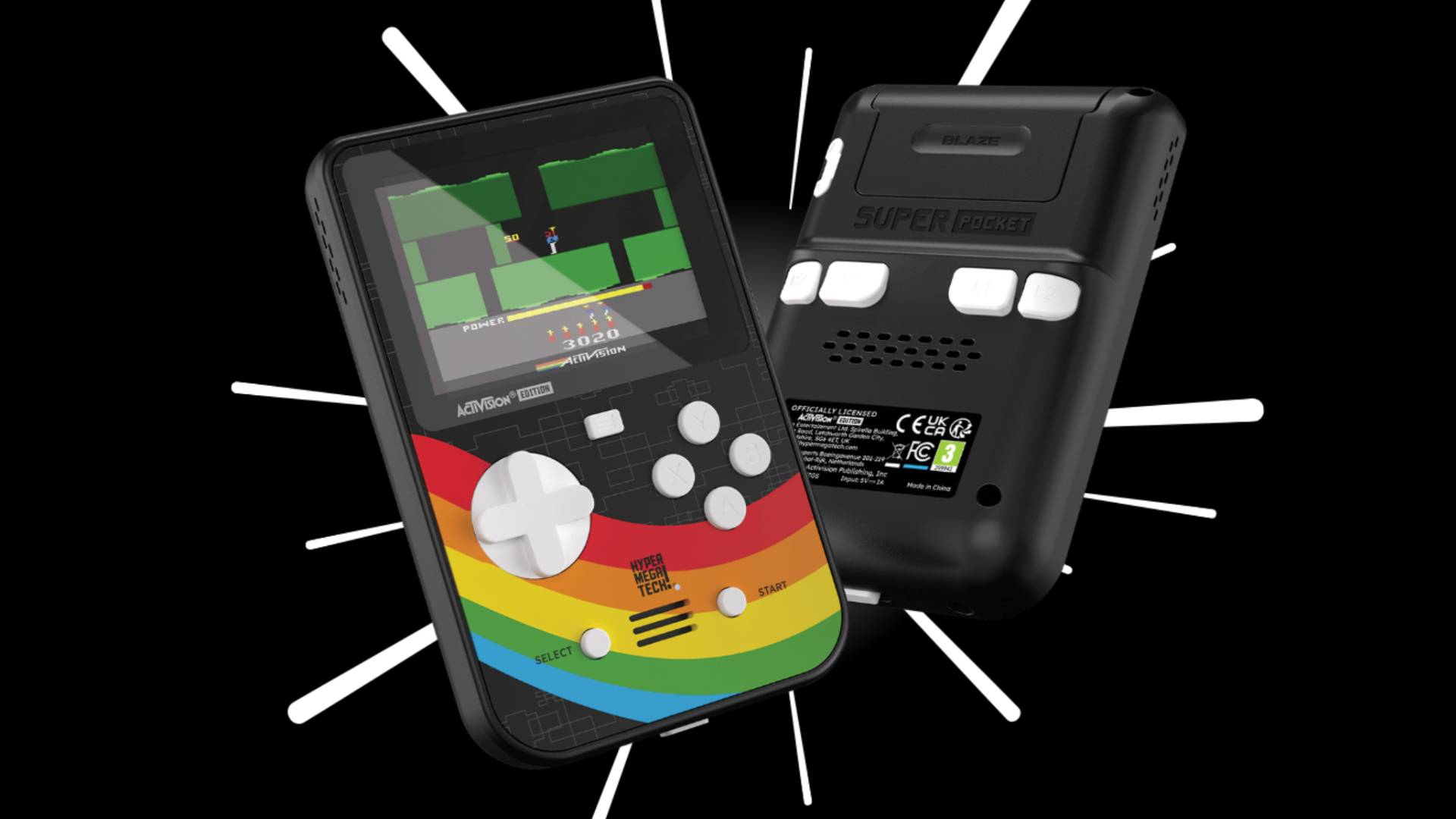 Super Pocket Activision Edition front and back view with black backdrop like white exploding lines and Pitfall gameplay on screen.