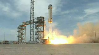 Blue Origin's New Shepard rocket launches the crew capsule RSS First Step on an uncrewed suborbital test flight from the company's Launch Site One in West Texas on April 14, 2021.