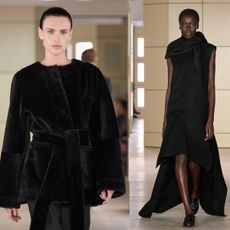 cos models side by side wearing black fall clothes