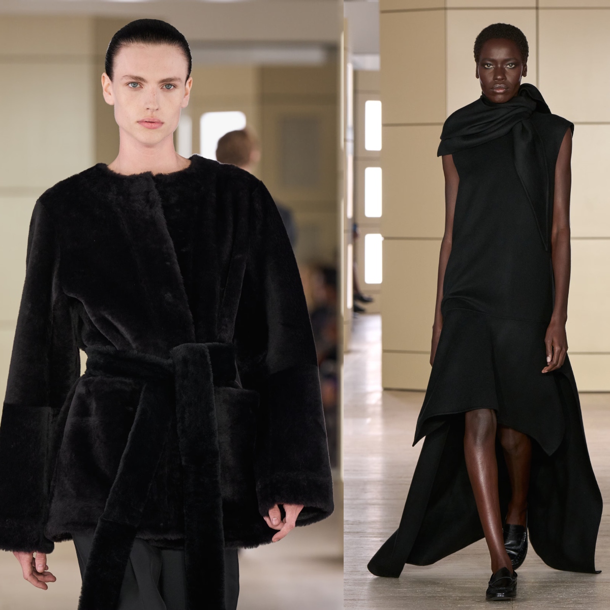 cos models side by side wearing black fall clothes