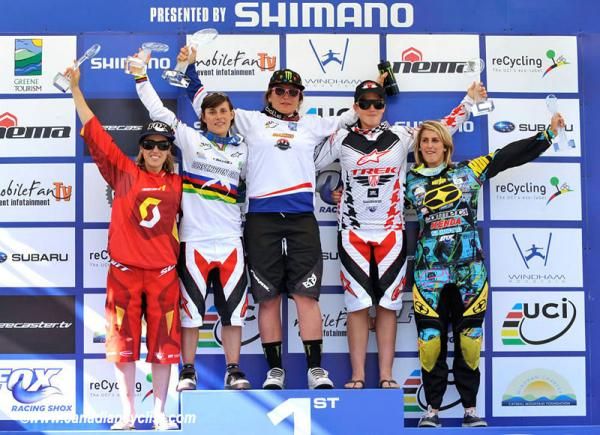 Women's World Cup overall podium: Floriane Pugin, Emmeline Ragot, Sabrina Jonnier, Tracy Moseley, Myriam Nicole.
