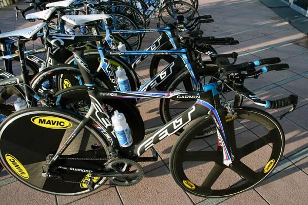 David Zabriskie's time trial bike sits proudly in the Spanish sunshine.