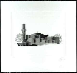 Elevation of London Central Mosque (Competition Entry, 1969, London), from ‘The Architecture of Rifat Chadirji: A Collection of Twelve Etchings’.
