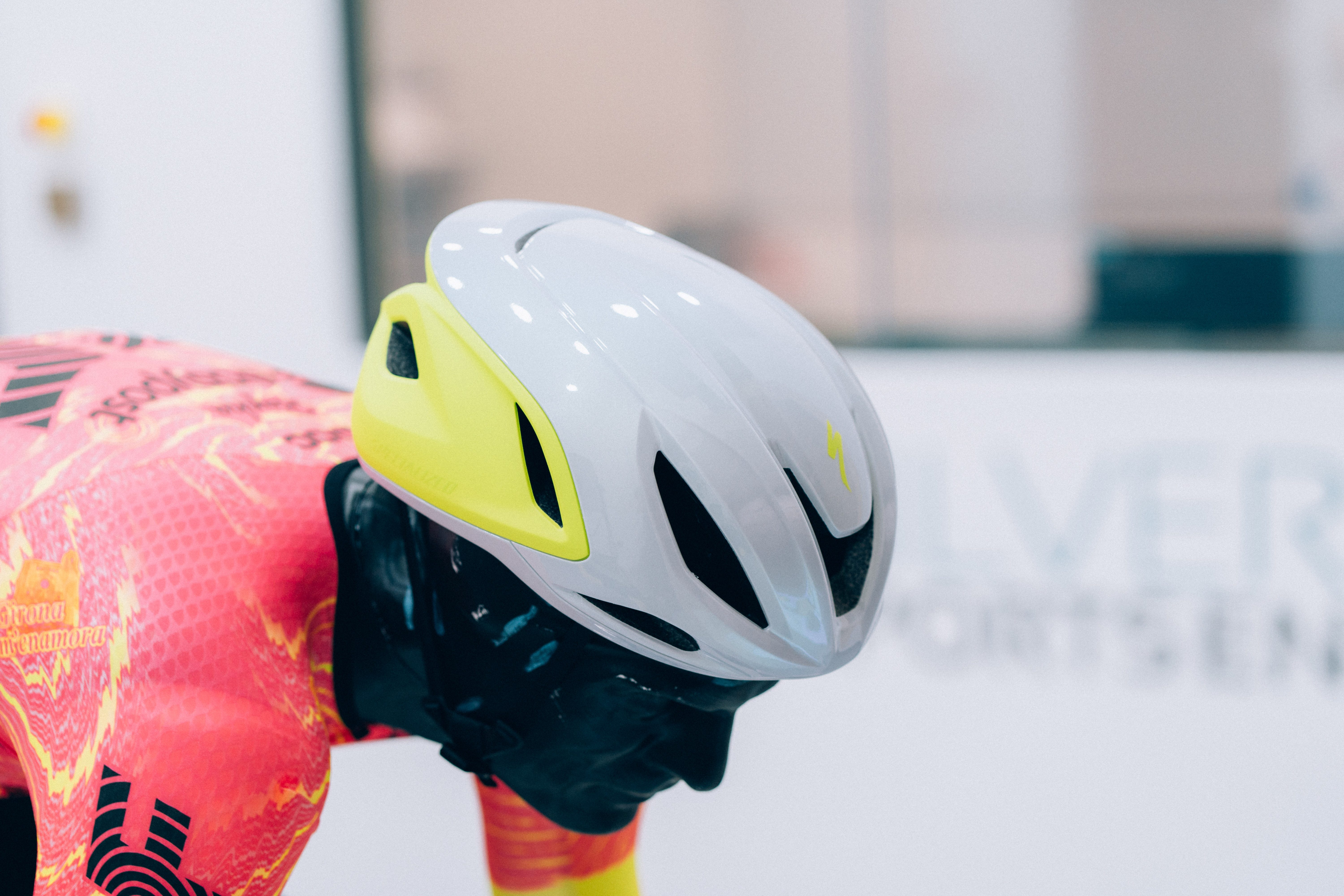 A close up of helmets being tested in the wind tunnel