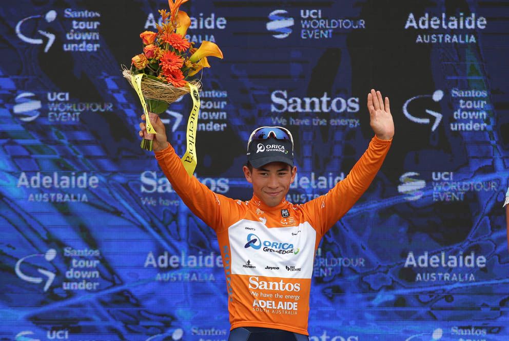 Caleb Ewan in the ochre jersey