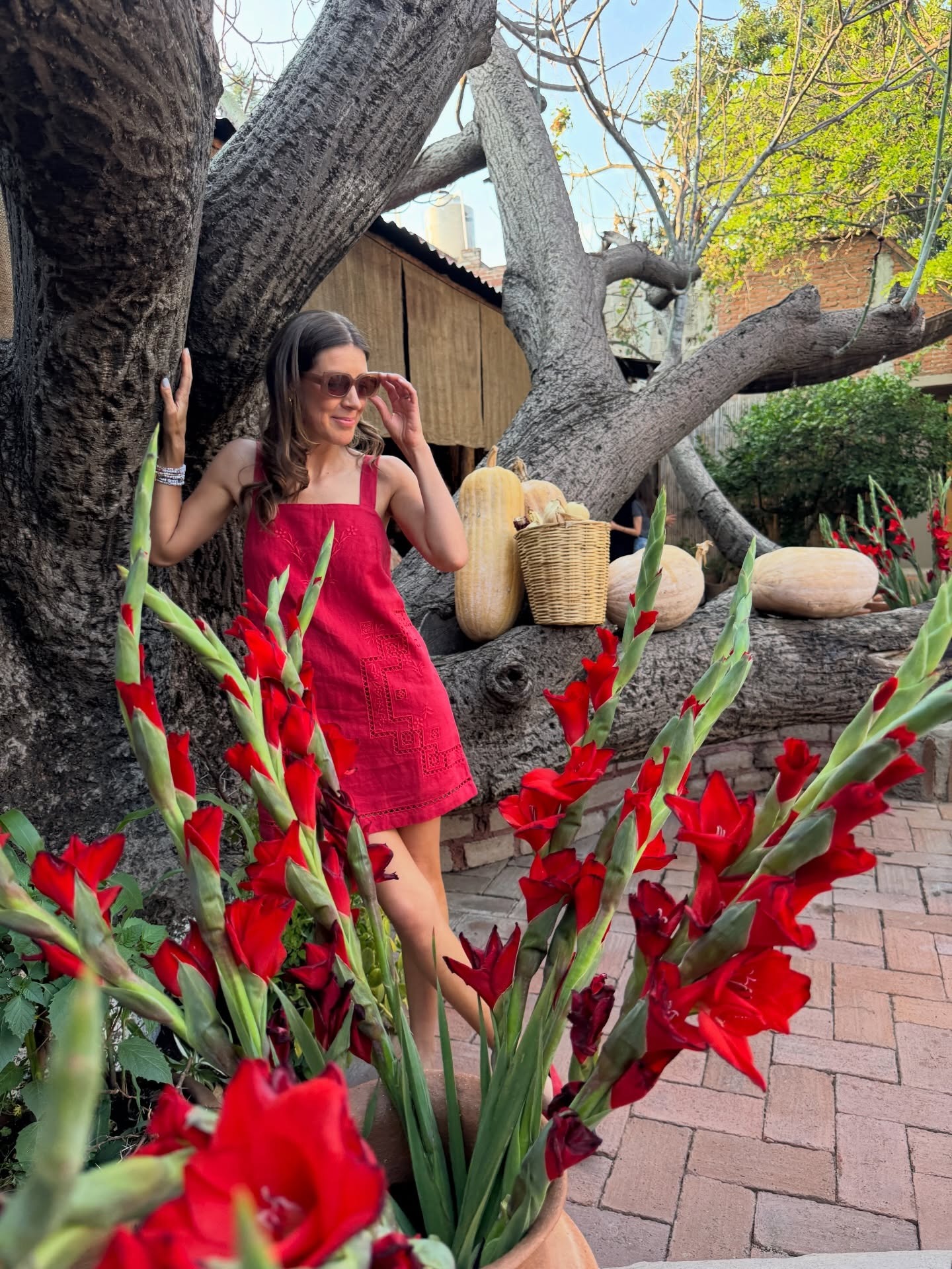 Woman in a red linen dress