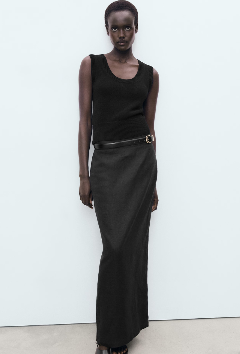 An image of a linen pencil skirt from Mango.