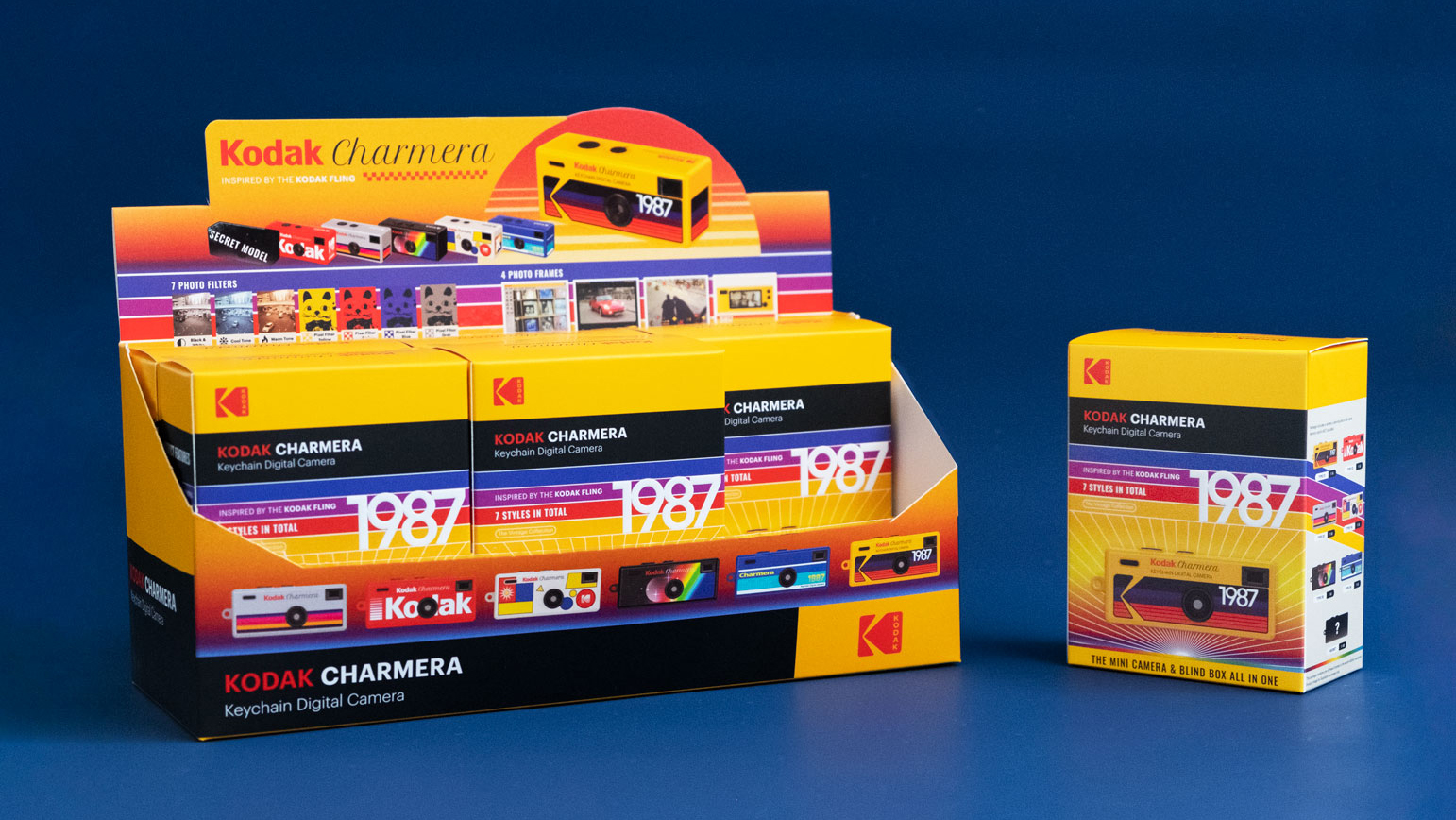 A Kodak Charmera product display, showcasing the new product packaging, different Charmera designs, frames and filter possibilities