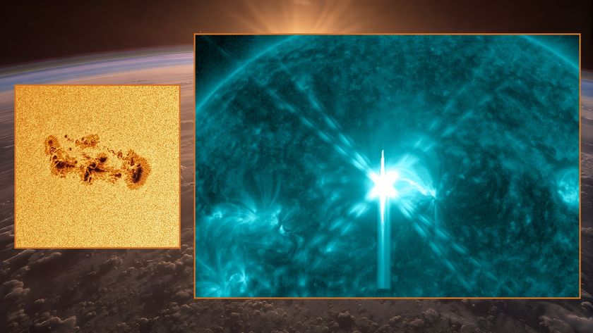 two panel image on the left is the giant sunspot close up and on the right the huge x flare that was released today