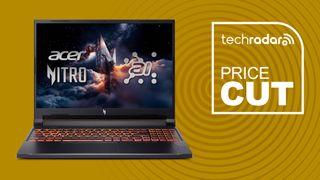 Acer Nitro V 16 gaming laptop with RTX 5050 on yellow background with TechRadar price cut text