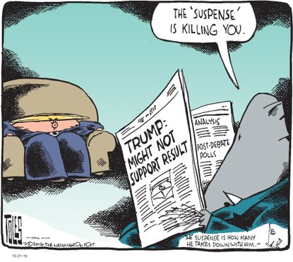 Political cartoon U.S. Donald Trump suspense comment GOP