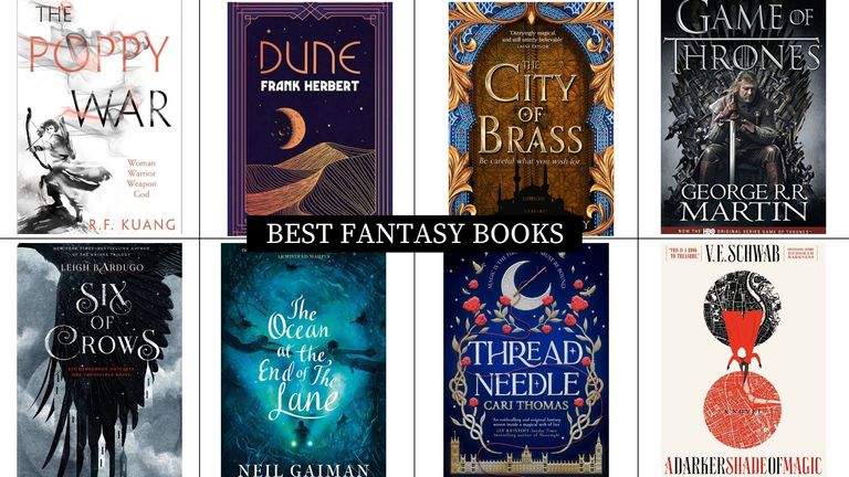 a collage image of eight of the books in w&h's best fantasy books round-up