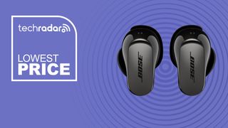 The Bose QuietComfort Ultra Earbuds (Gen 2) on a purple background with text saying Lowest Price.