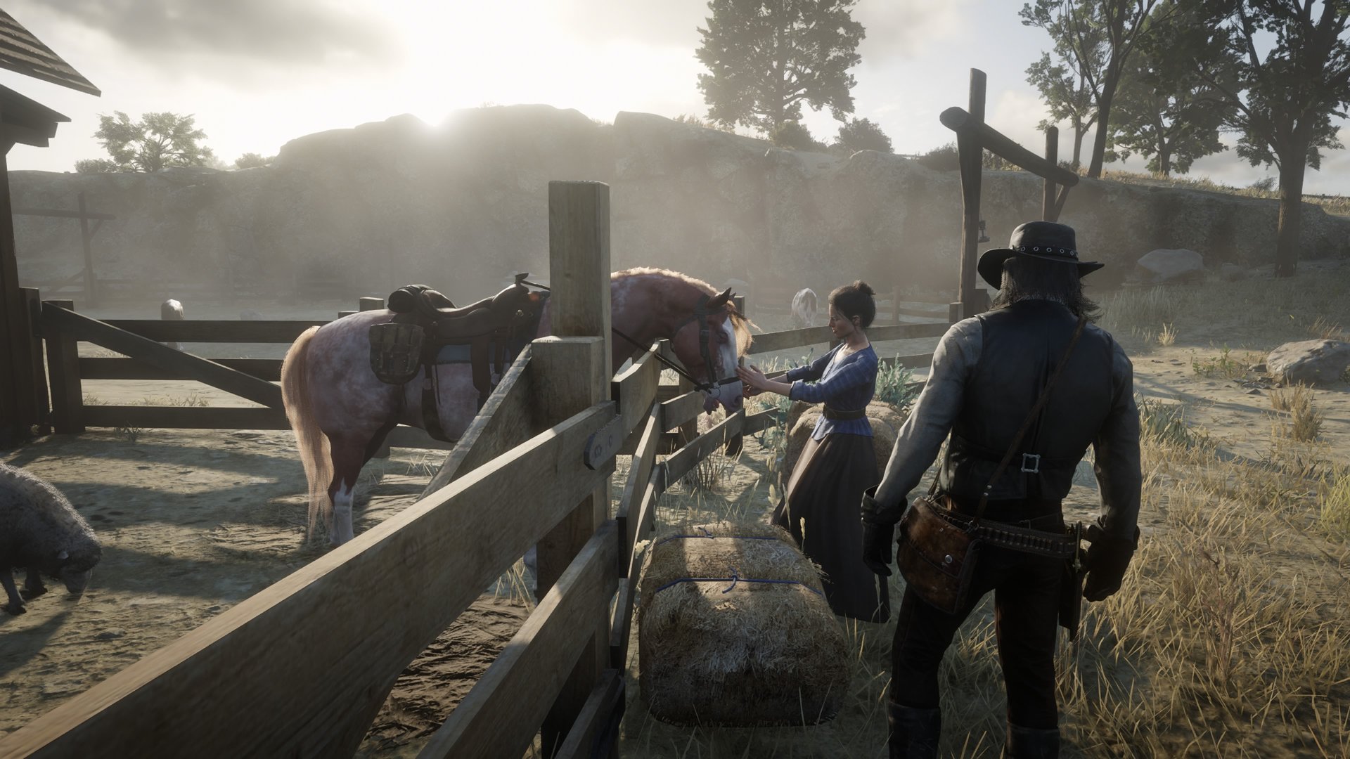 Red Dead Redemption 2 screenshot of John Marsten talking to his wife Abigail as she pats a horse