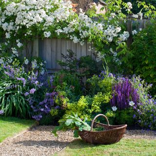 Beautiful colourful bee friendly garden with a basket on a green lawn