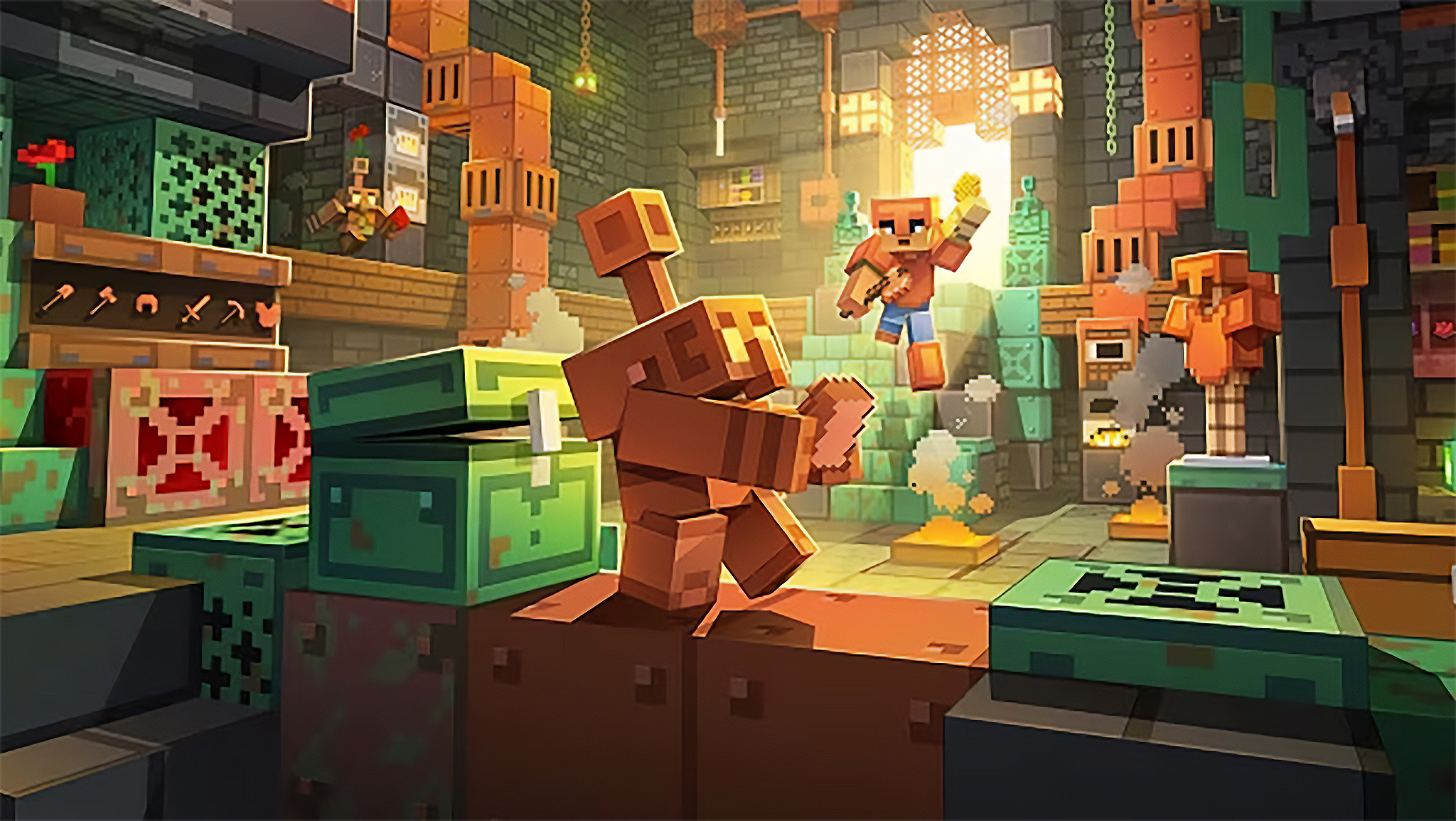 Promotional art for the Minecraft Copper Age update showing a copper golem organizing items in chests. 