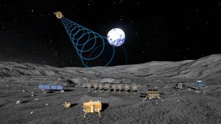 an illustration of an expansive moon base featuring several different structures, vehicles and many solar panels