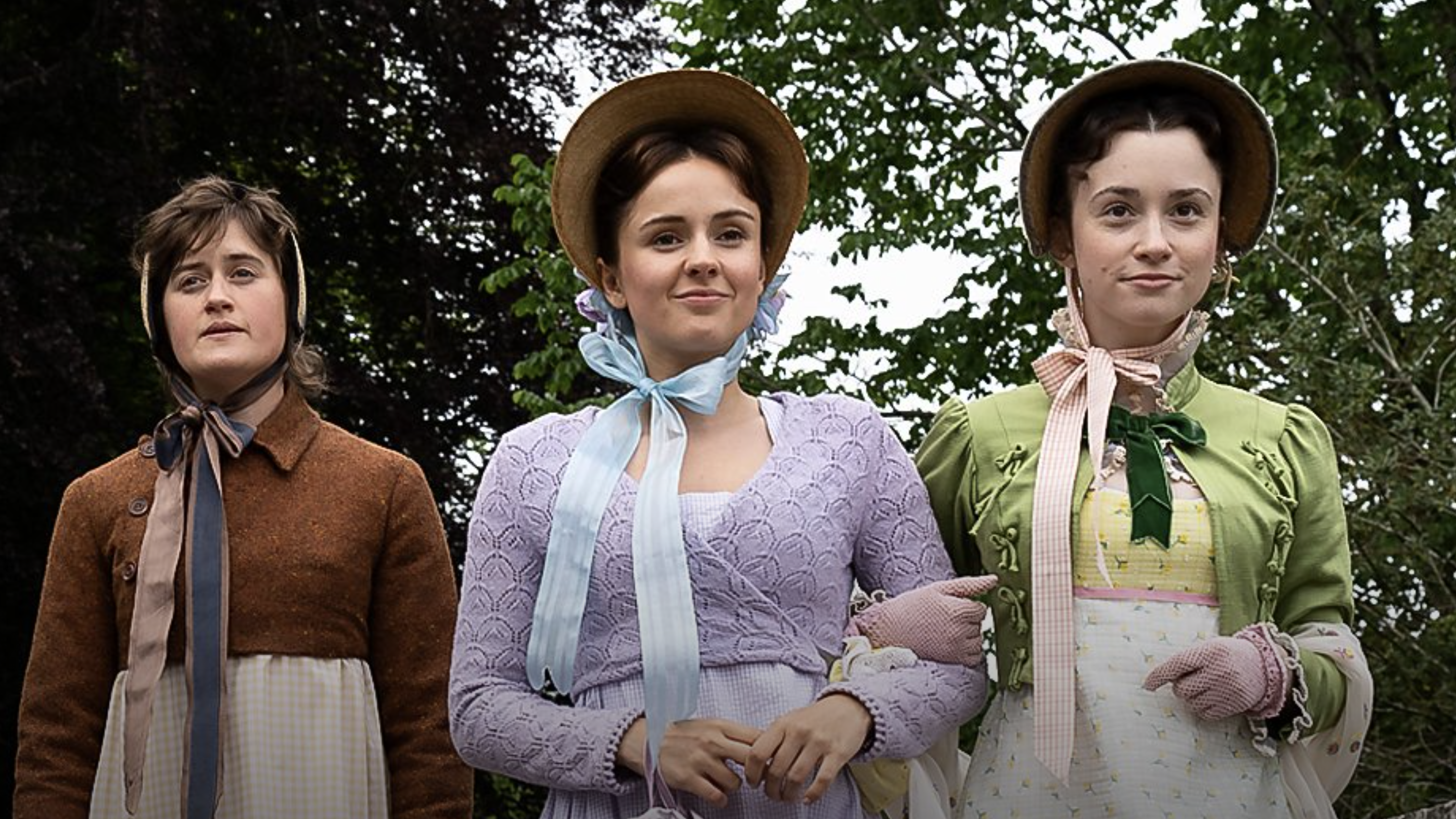 Three girls in bonnets and Jane Austen-style clothing in The Other Bennet Sister BBC Tv show 2026