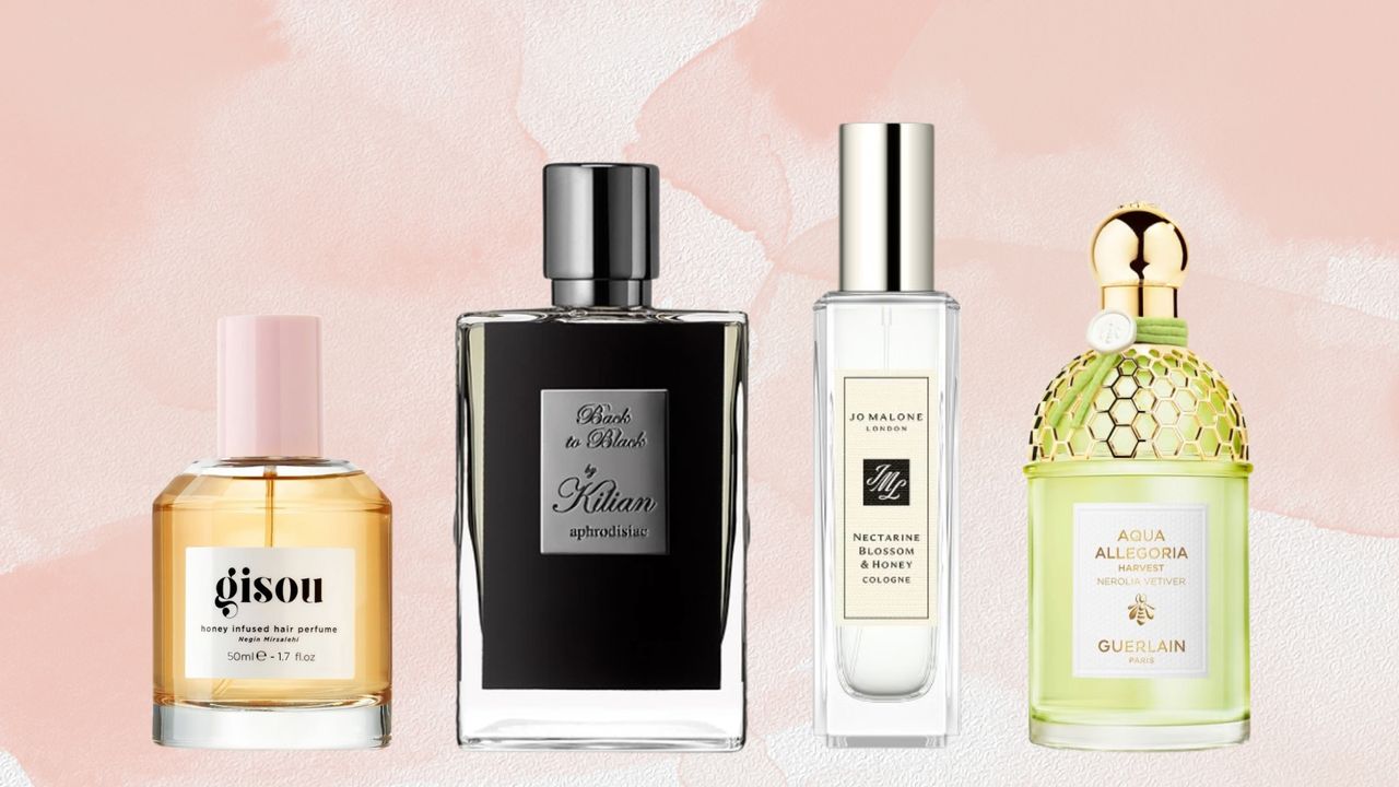 A selection of honey perfumes from brands including Gisou, Kilian, Jo Malone and Guerlain/ in a pink watercolour paint-style template