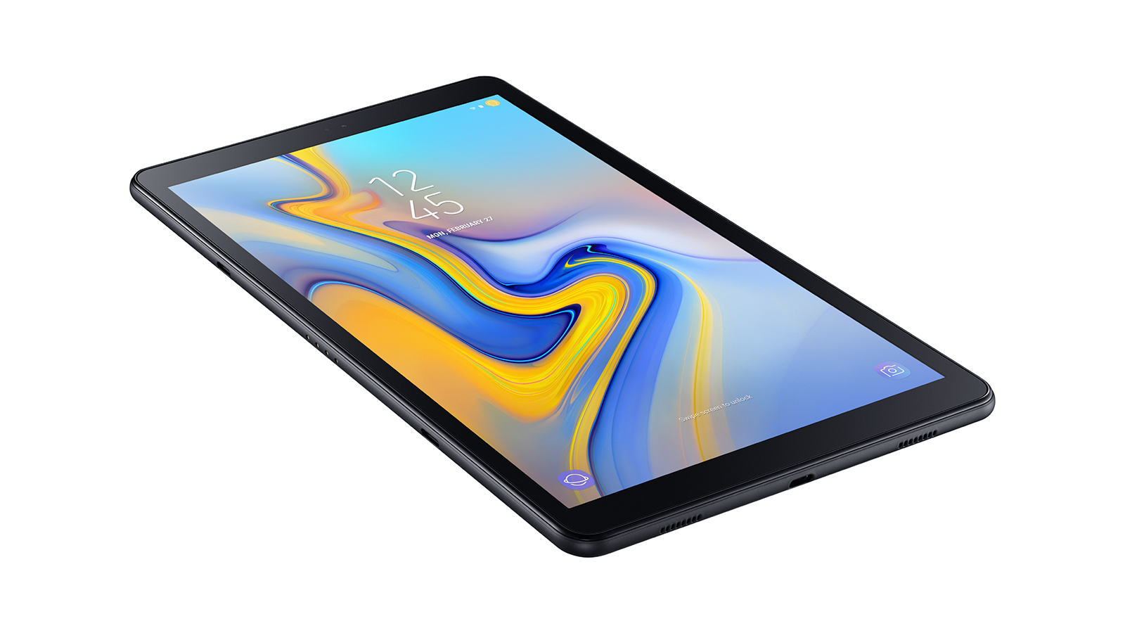 Samsung Galaxy Tab A 10.5 (2018) set skråt fra oven med tændt skærm på pausebillede.