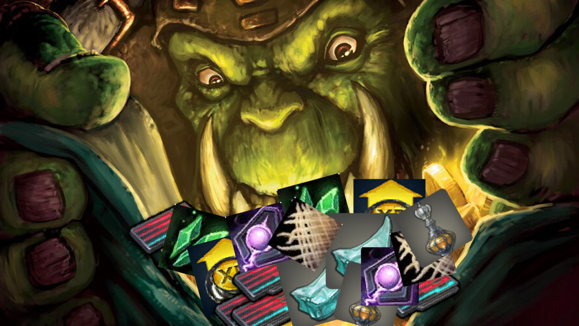 An edited picture of an orc opening a bag that, instead of gold, is filled with random items.