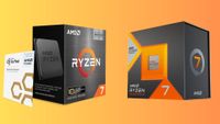 AMD Ryzen 7 5800X3D and 7 7700X3D on a yellow/orange gradient