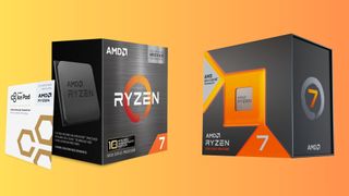 AMD Ryzen 7 5800X3D and 7 7700X3D on a yellow/orange gradient