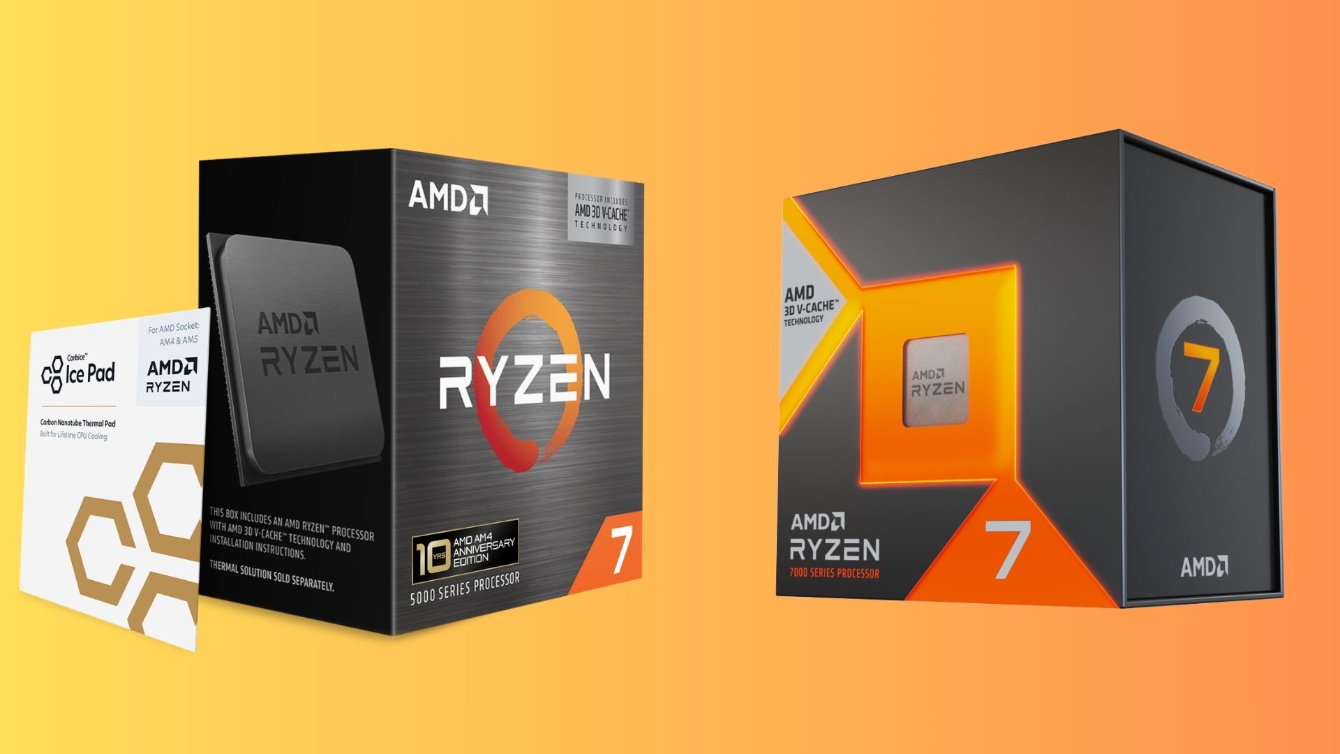 AMD Ryzen 7 5800X3D and 7 7700X3D on a yellow/orange gradient