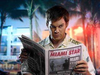 dexter reads the tabloid the miami star while a fire explodes in the building behind him