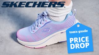 a photo of the skechers max cushioning elite women's running shoes in teal, pink, and purple, with a tom's guide 'price drop' badge and the skechers logo overlaid
