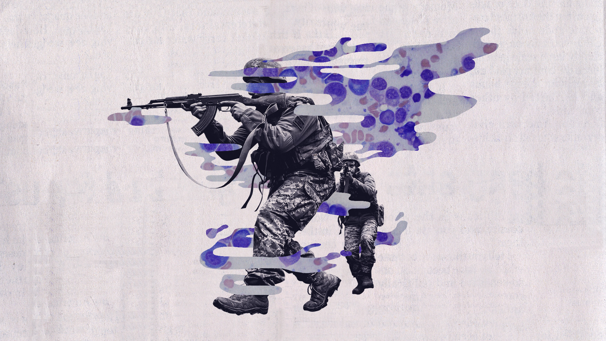 Photo collage of Ukrainian soldiers walking through miasma overlaid with bacteria micrography