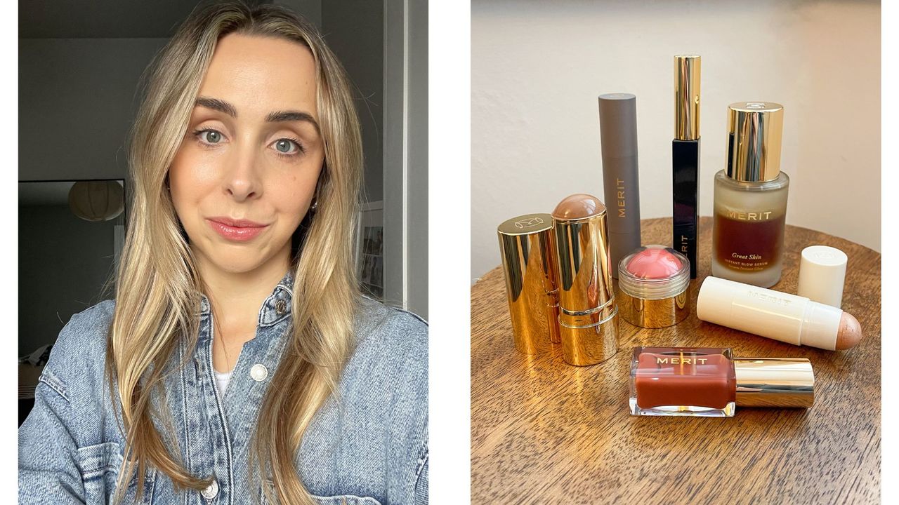 Writer Emma Stoddart wearing a full face of Merit Beauty products next to an image of a selection of makeup by the brand 