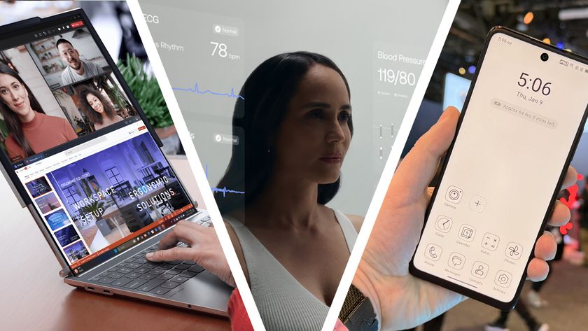 A person typing on a Lenovo laptop with a rollable screen, next to a woman looking into a Withings smart mirror, next to a hand holding a TCL phone with a NXTPaper display