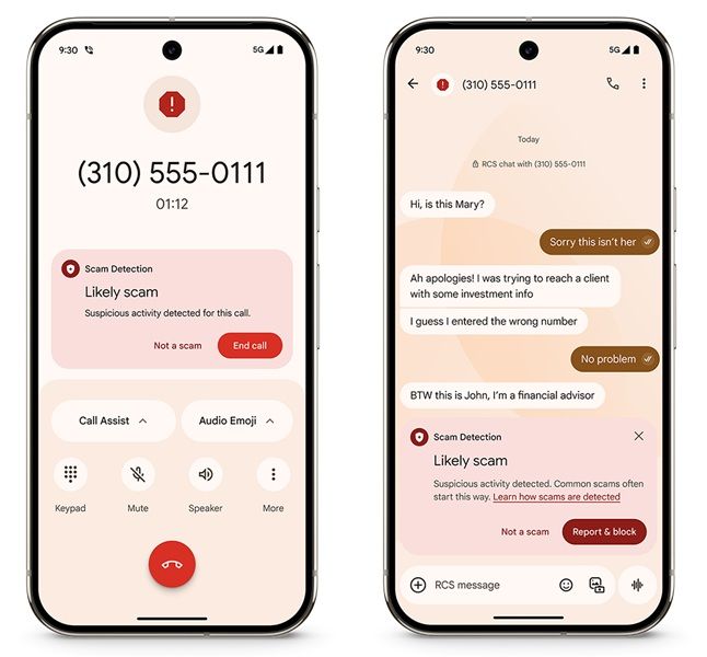 Google is rolling out scam detection measures for texts and calls on the Pixel 9 and 6.