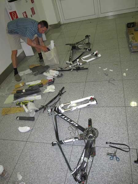 We took over this section of hallway at the Munich Airport to build our bikes before hopping a train to Mittenwald.