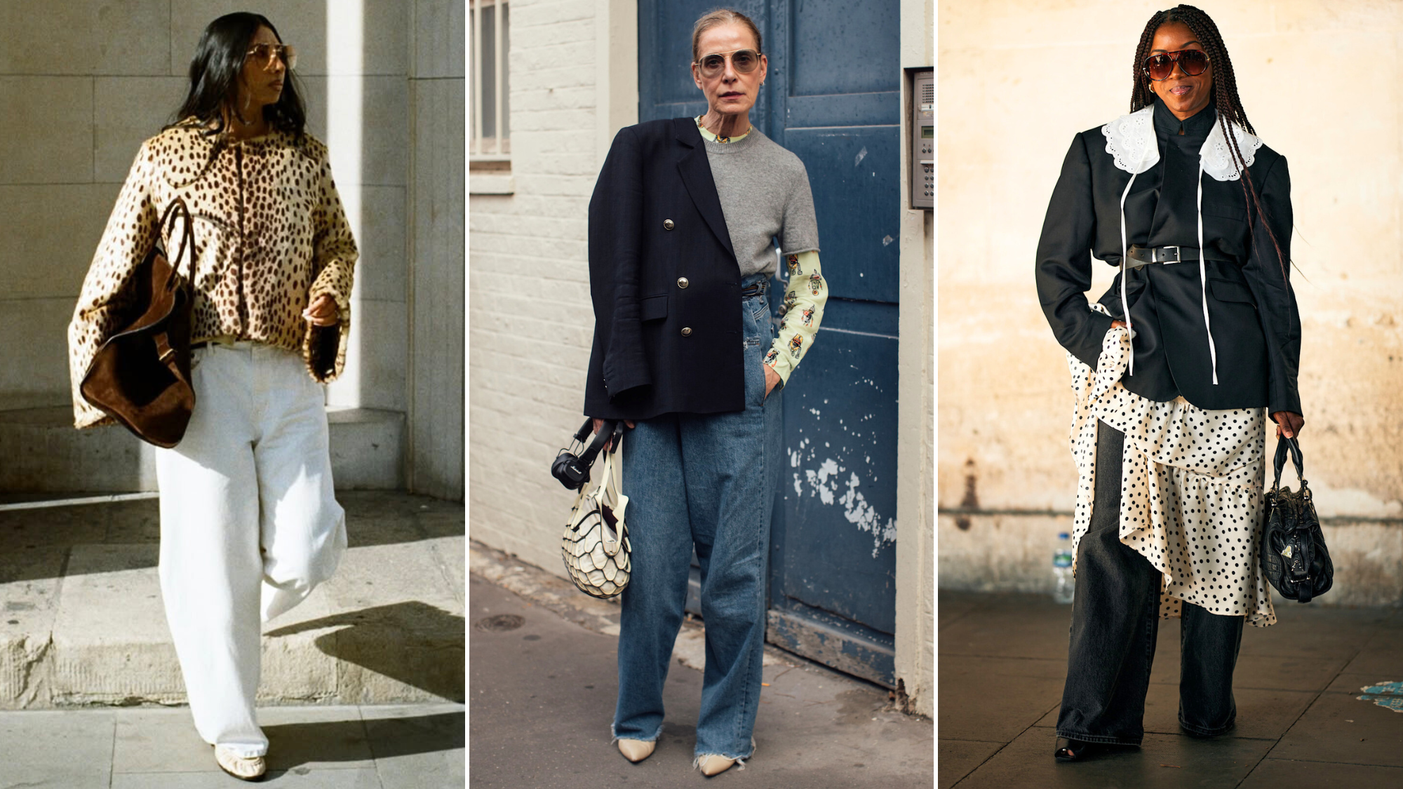 Women wearing wide-leg jeans in street style imagery