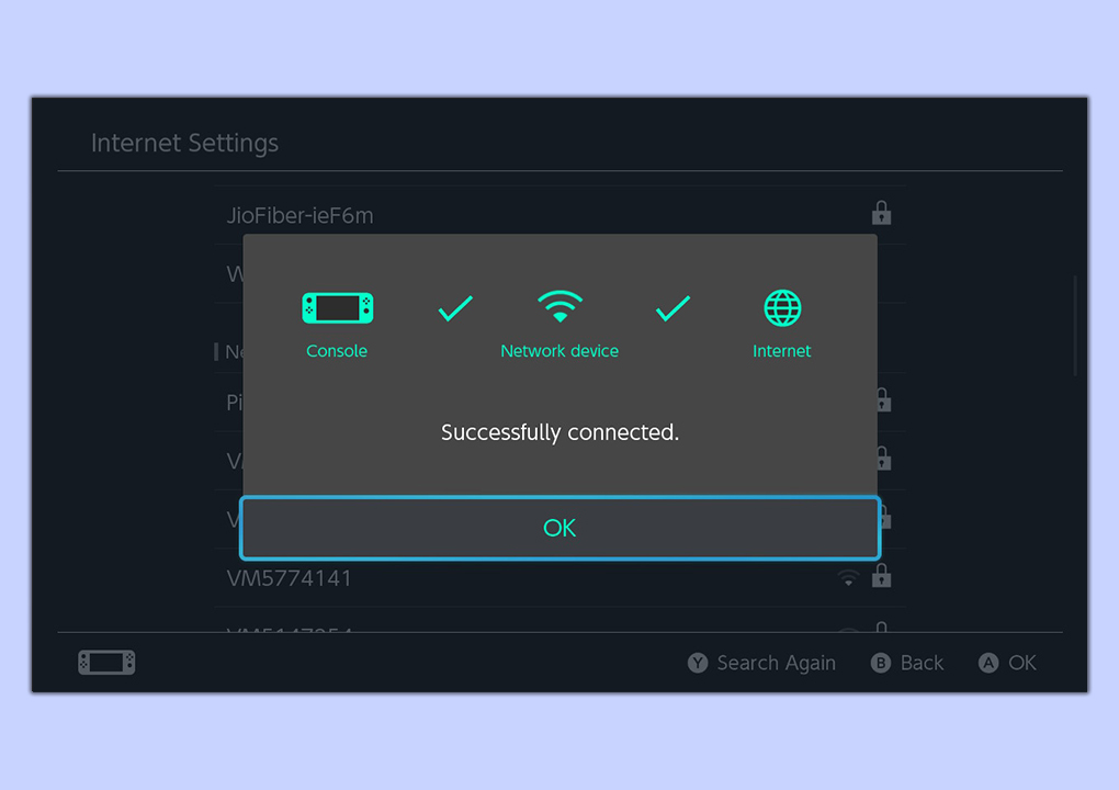 A screenshot of the Internet Settings screen on a Nintendo Switch, showing the Switch having successfully connected to the internet.