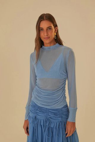 Farm Rio Blue Tulle Long Sleeve Top