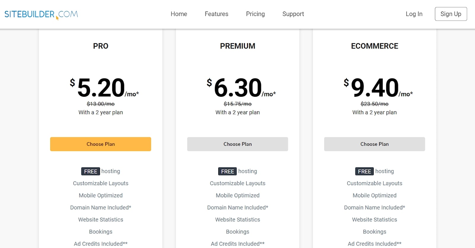 Sitebuilder's pricing plans