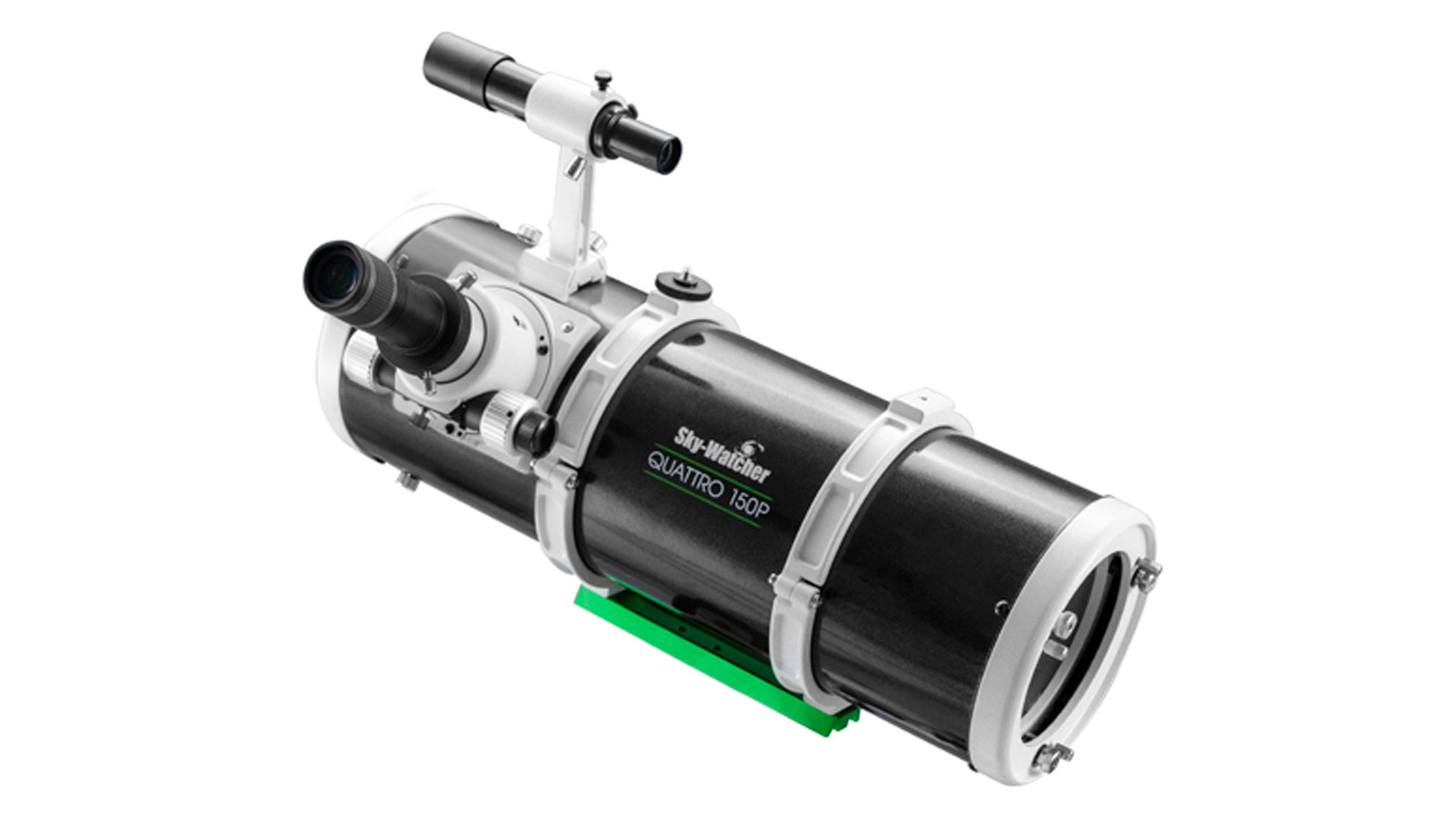 The Sky-Watcher Quattro 150P Newtonian telescope with eyepiece and finderscope attached.