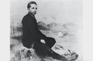 A young Albert Einstein sits on a rock in the country.