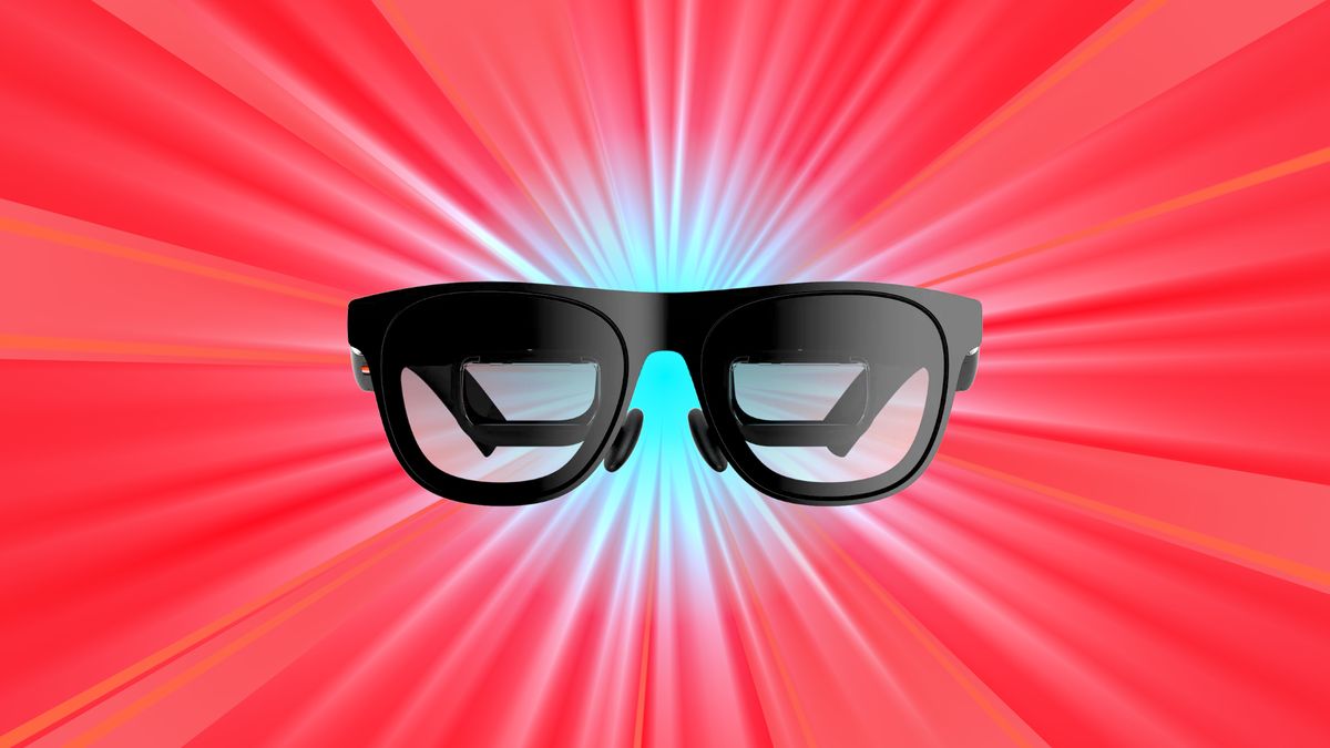 Image parodying Pokemon&#039;s &#039;Who&#039;s that Pokemon?&#039; cutaway, with a pair of XREAL One AR glasses revealed at the center of a blue starburst effect.